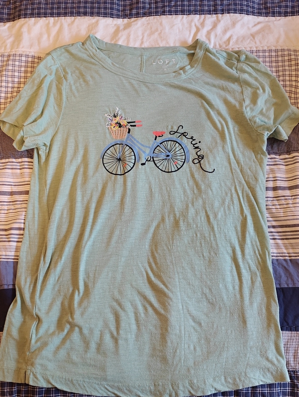 LOFT Mint Green Short Sleeve Tee with Bicycle Graphic, Embroidered Flowers, M